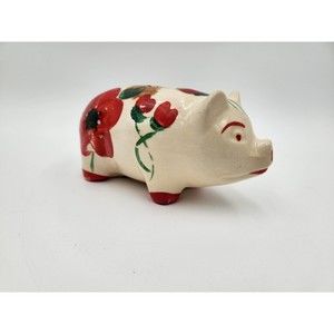 Vintage Ceramic Piggy Bank Red Flowers Break open style